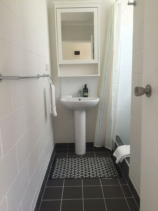 Bathroom has emergency toiletries and larger shower along with a separate toilet.