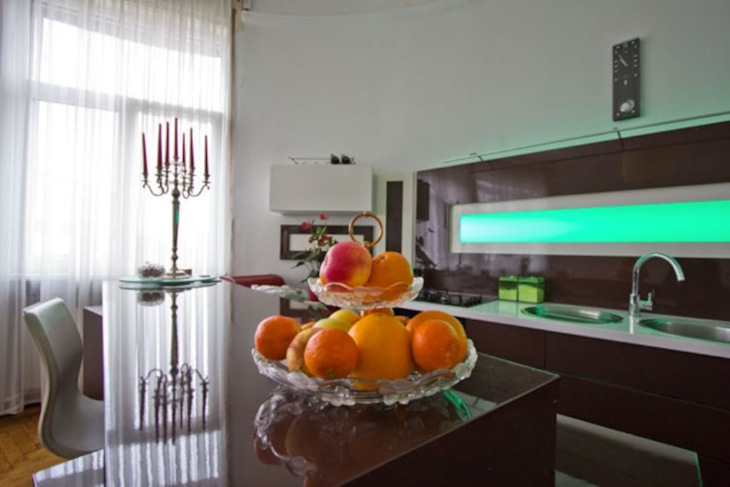 The kitchen with special background illumination.