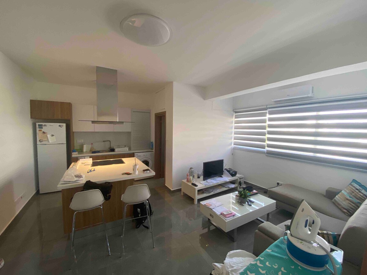An open-plan living area includes a modern kitchen with a central island and bar stools. A small dining table is present, and a comfortable seating area features a light-colored sofa and minimalist decor. Natural light enters through large, layered windows.