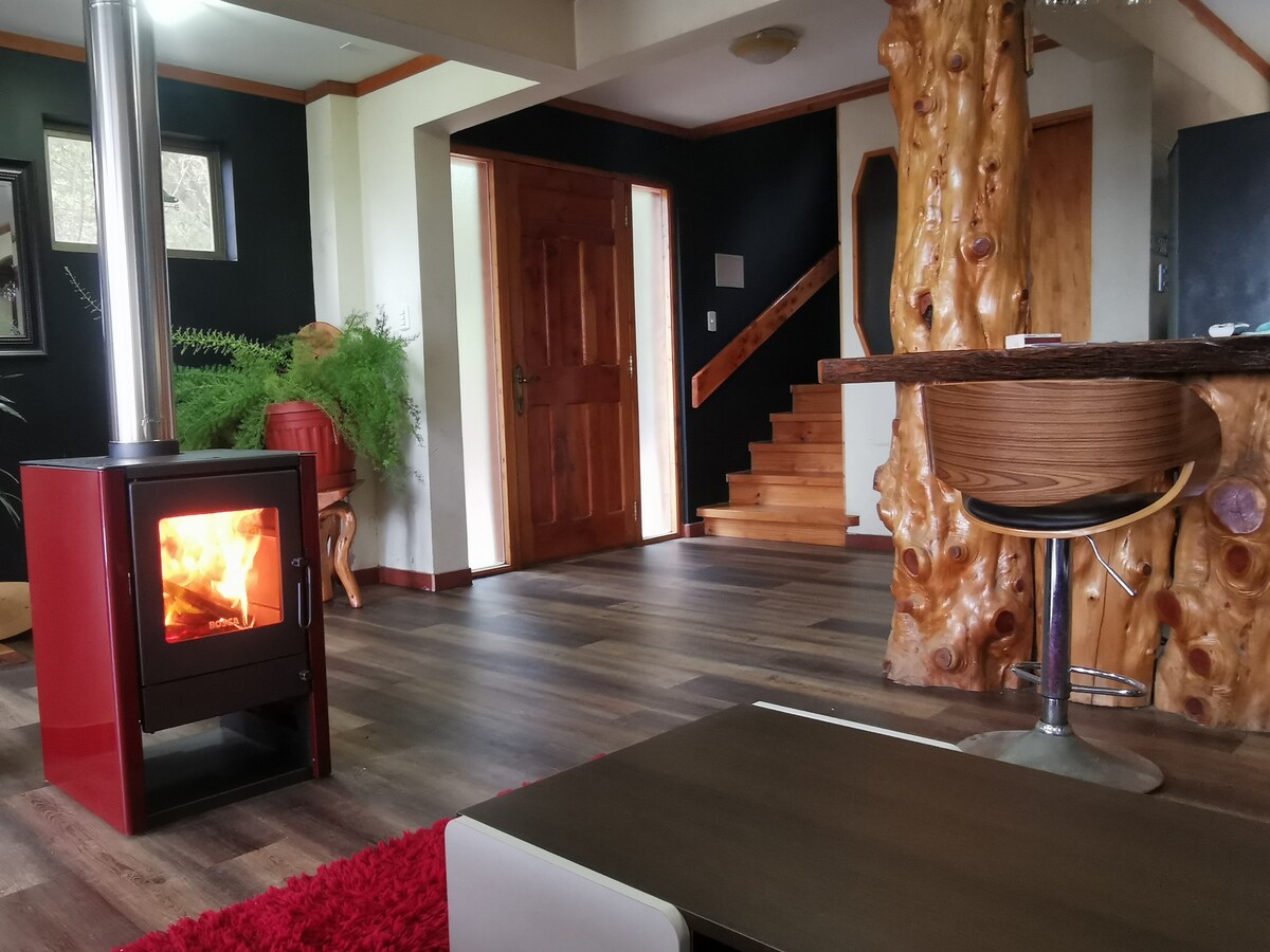 An inviting living space features a modern wood stove with a visible flame, providing warmth. Natural elements are showcased through a unique wooden column. The room includes a contemporary barstool and a coffee table on a plush red rug, with a staircase leading to the upper level.