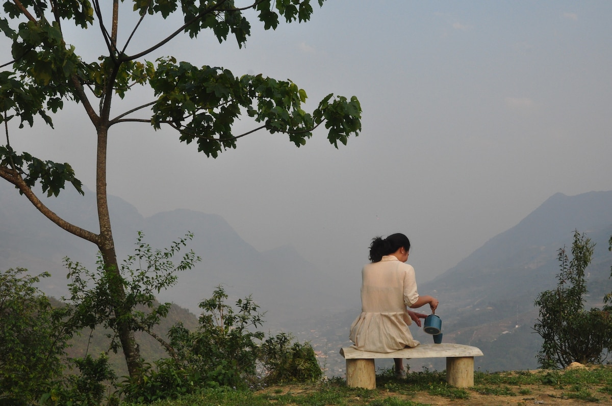 A tranquil scene captures a woman seated on a stone bench, facing a panoramic view of rolling mountains shrouded in mist. A lone tree provides shade, while lush greenery frames the foreground, enhancing the serene atmosphere of the natural landscape.
