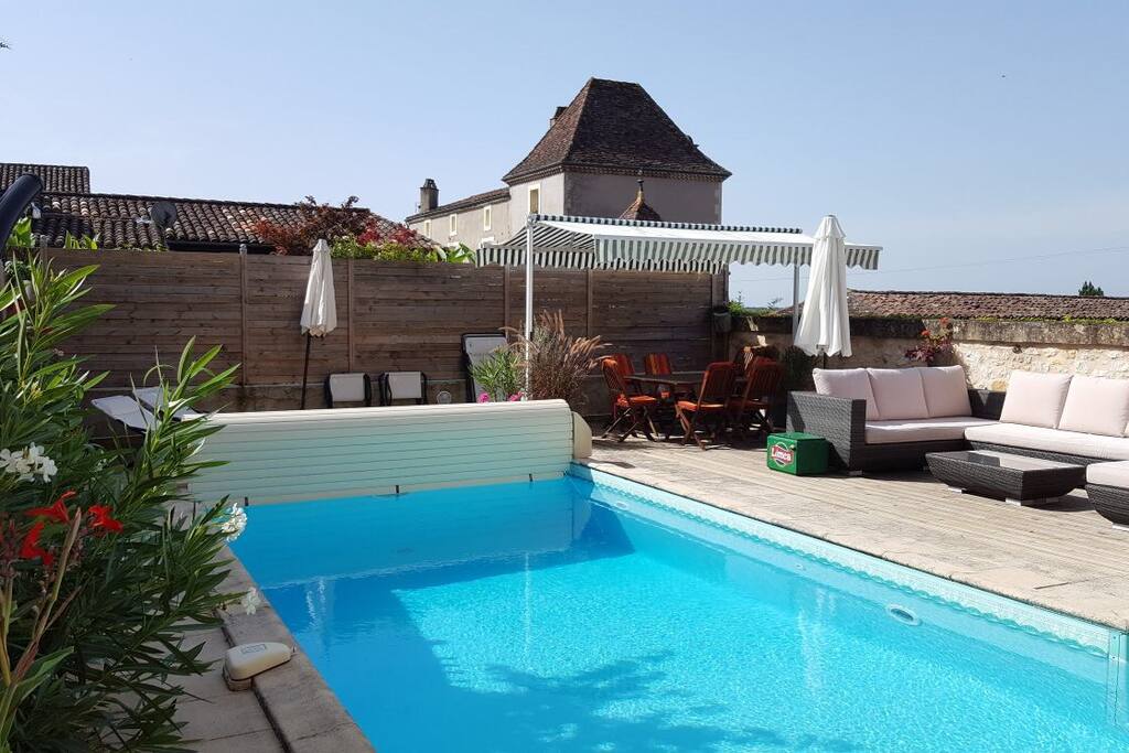 Pool and terrace in full sun throughout day but shade is available in great supply