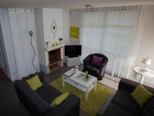 The living area features comfortable seating arranged around a coffee table. A fireplace is positioned beneath a wall-mounted television. Light filters through sheer curtains, enhancing the bright atmosphere. Decorative accents in green and purple provide a pop of color, complemented by a cozy area rug.