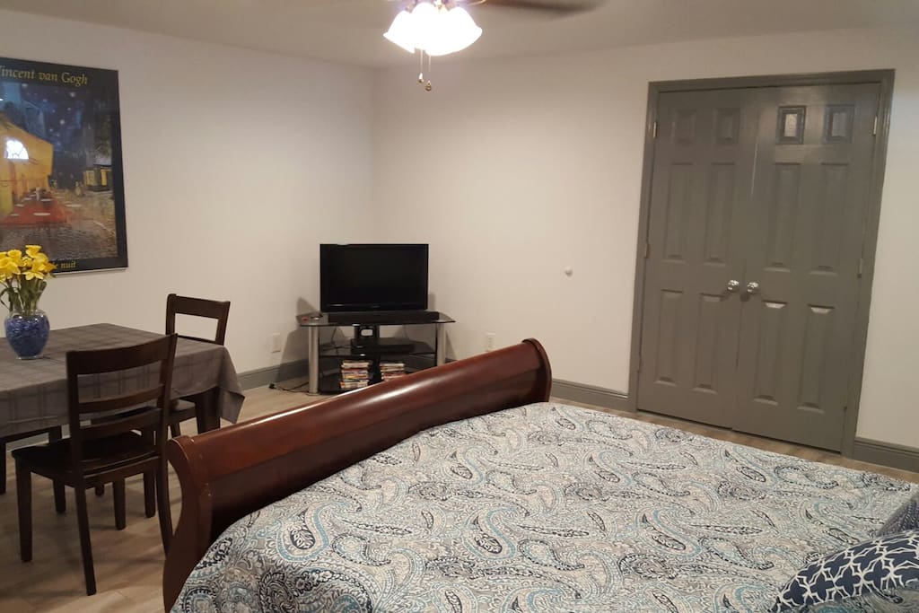 Living area can be separated from kitchen and bath using double doors.