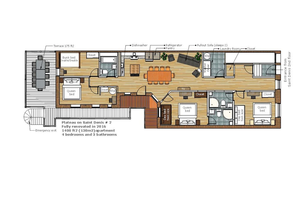 Actual plan showing furniture and proper size of beds.