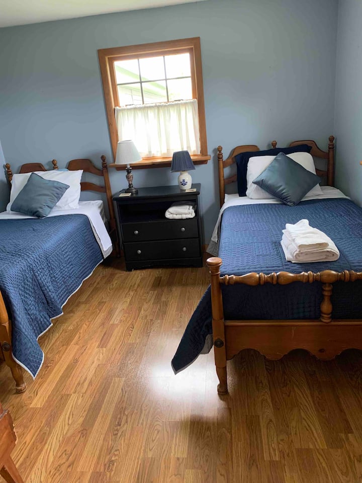 Twin beds with a closet, small dresser,  and lamp with USB charging outlet . This room does not have an attached bath. Bath access is via the pocket door in the Dining area.