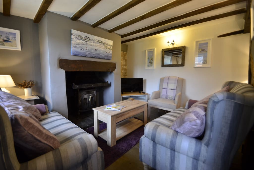 Lounge with flagstone floors and beams