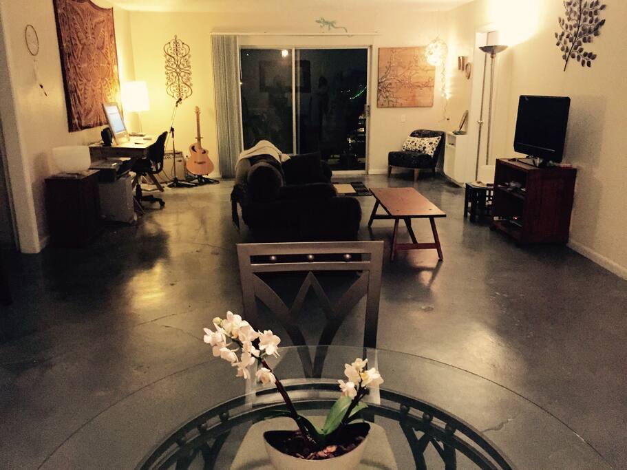 Huge open living space with designer concrete floors!