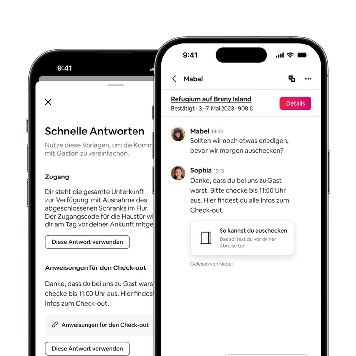 Die Airbnb-App zeigt, wie ein:e Gastgeber:in Anweisungen zum Check-out mit einer schnellen Antwort sendet. Eine Lesebestätigung zeigt an, dass der Gast die Nachricht gelesen hat.