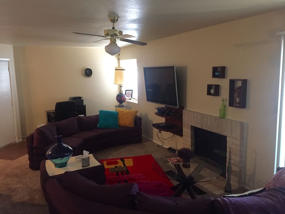 Living Room with Fireplace and Desk