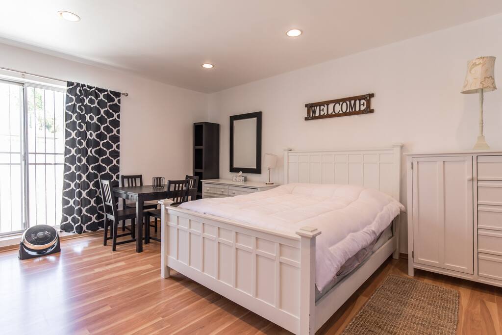 Very comfortable bed and dining area.