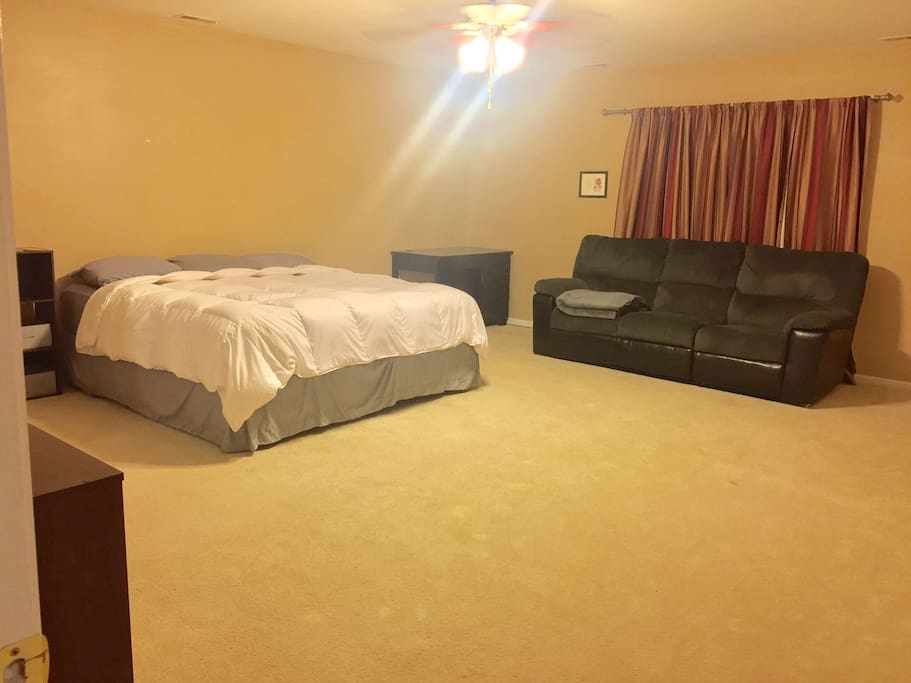 King size bed, couch with built in recliners