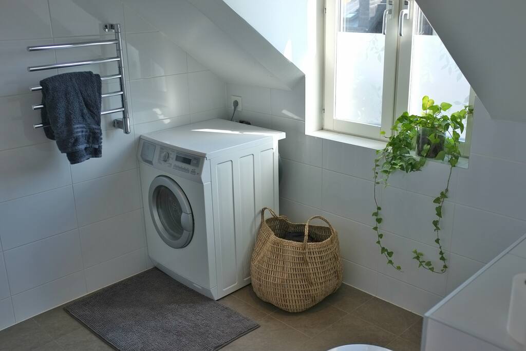 Spacious bathroom with shower and washing machine