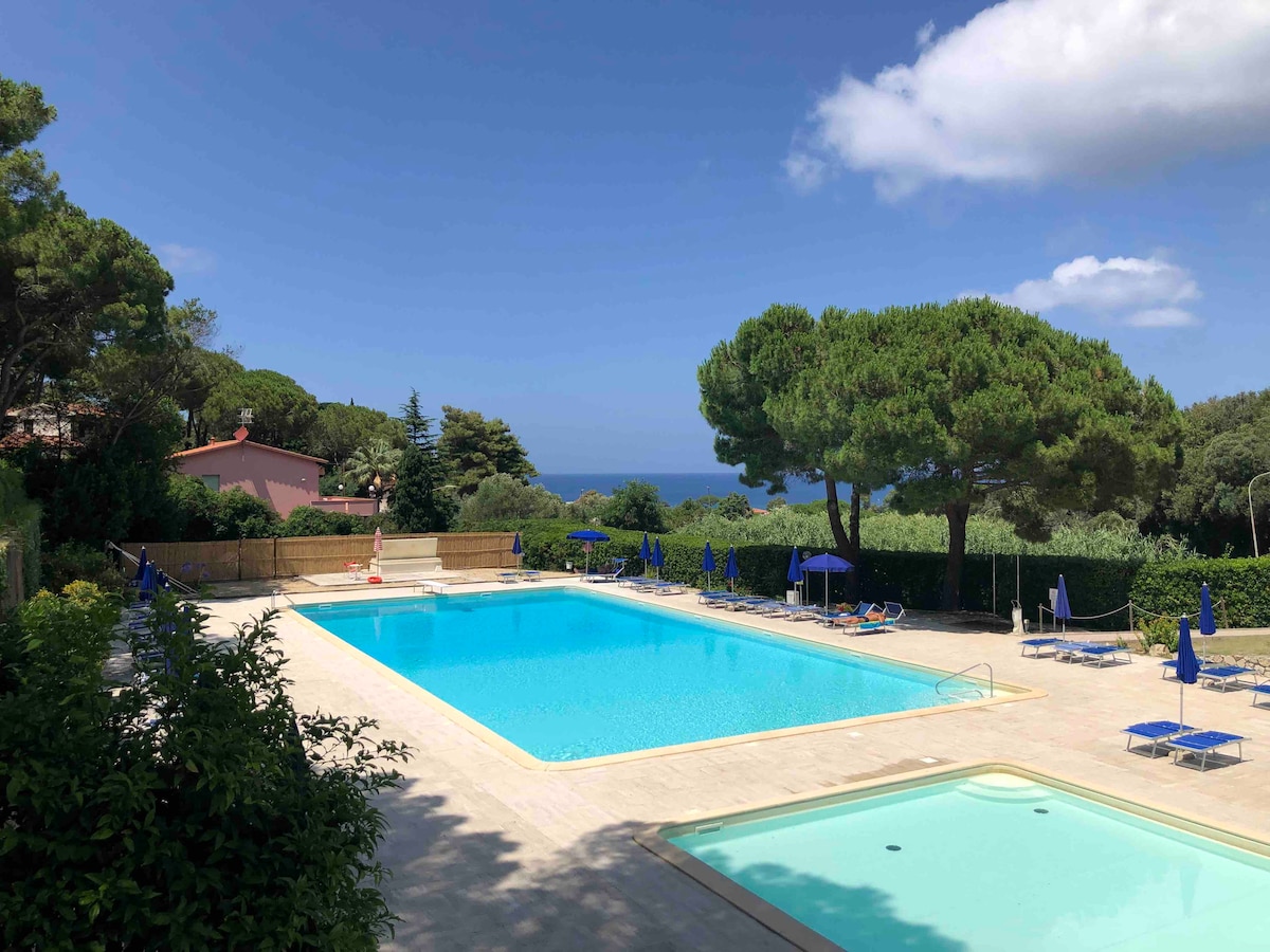 Two swimming pools are visible, surrounded by lush greenery and sun loungers with blue umbrellas. In the background, the tranquil sea can be seen under a bright blue sky with a few clouds.