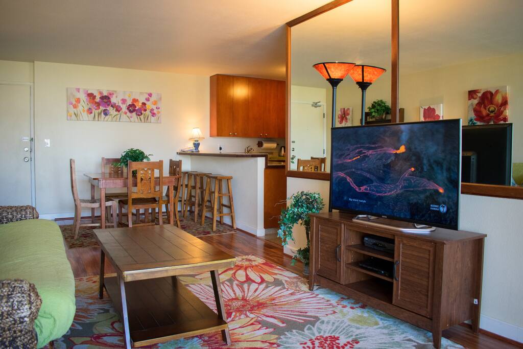 Spacious living room with connected dining area