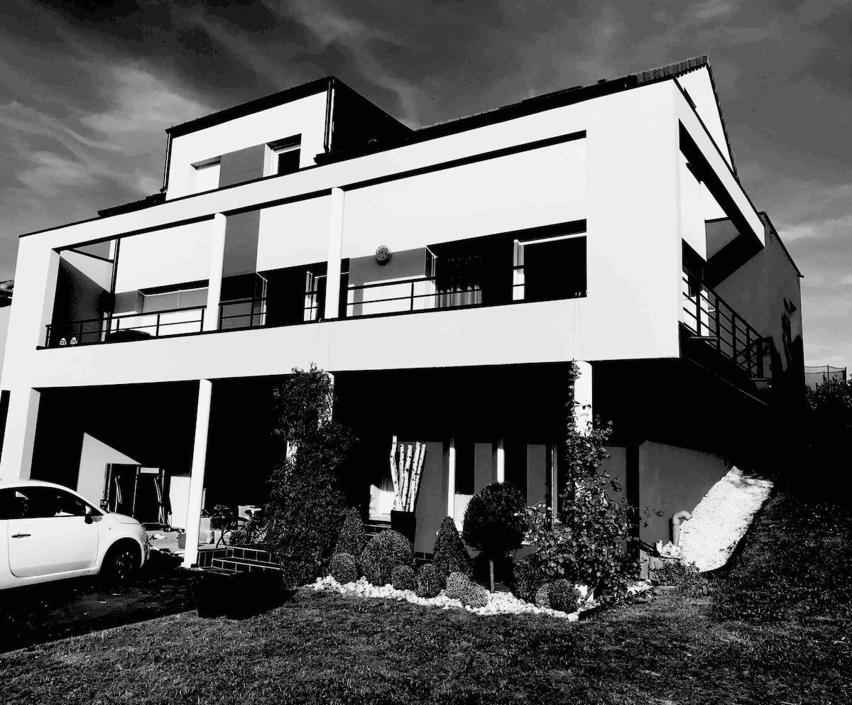 The exterior of a modern two-story villa is presented, featuring a spacious terrace and balconies on the upper level. Neatly trimmed shrubs and a small garden area are visible in front of the house, and a white car is parked nearby.