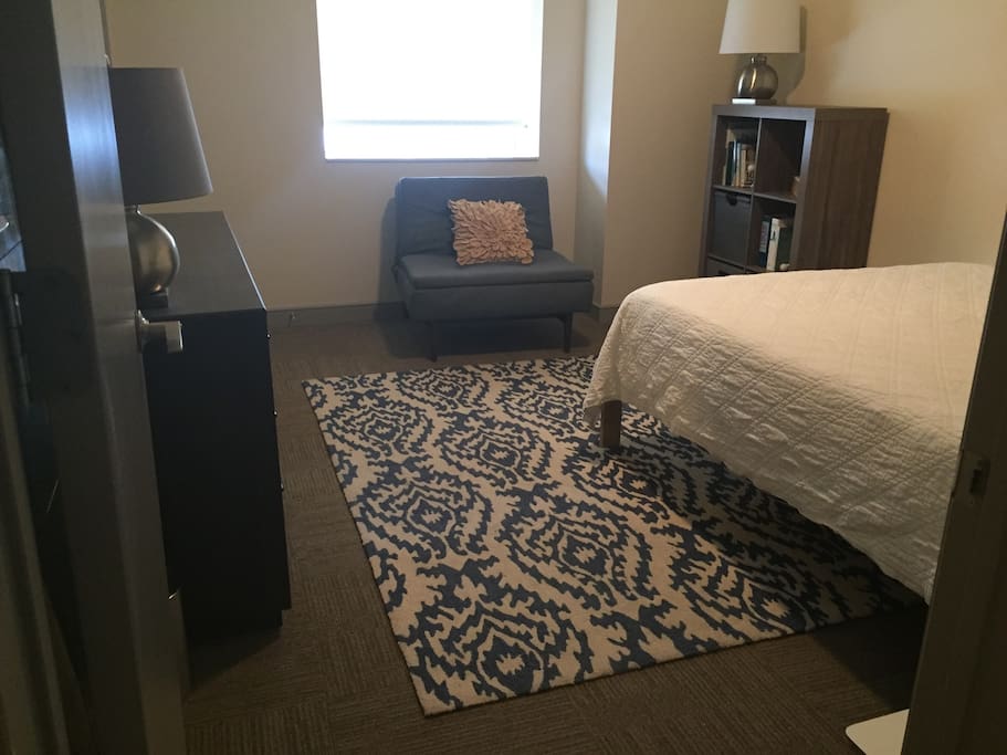 Your bedroom with queen-sized memory foam mattress, and walk-in closet