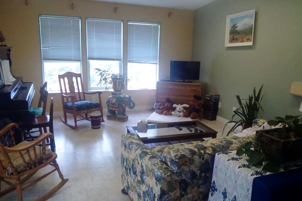 TV room with piano and pull out bed.