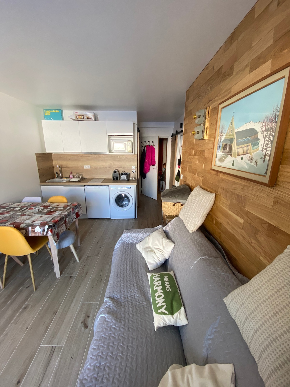 The living area features a light grey sofa, accented with decorative cushions. A dining table with colorful chairs is set nearby, while a kitchenette is equipped with modern appliances, including a washing machine. Wooden panels add a warm touch to the space, complemented by artwork on the wall.