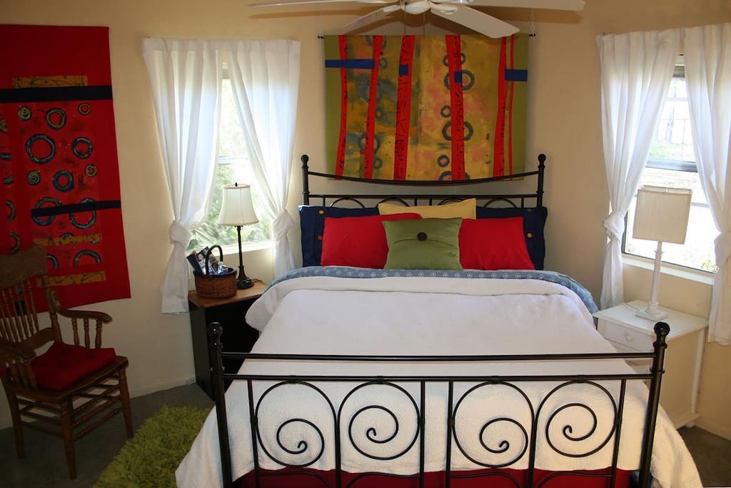 The colorful Quilt Bedroom. Simmons Queen mattress. You need to special request this bed to be made up for you.