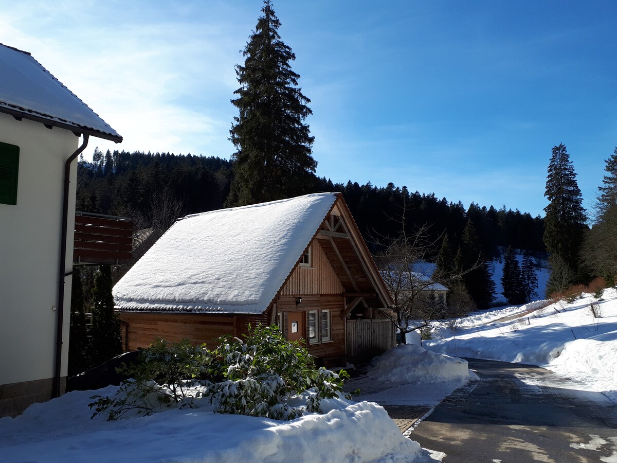 A charming cabin is nestled in a snow-covered landscape, with a sloping roof and wooden exterior. Surrounding trees create a serene backdrop, evoking a peaceful winter atmosphere. The clear blue sky adds contrast to the white snow, enhancing the overall tranquility of the setting.