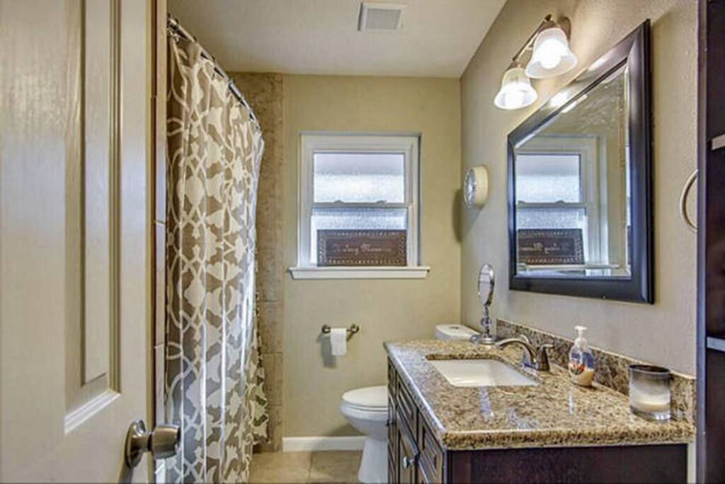 Bathroom with stand up shower and bath tub. Large vanity fits multiple people getting ready.