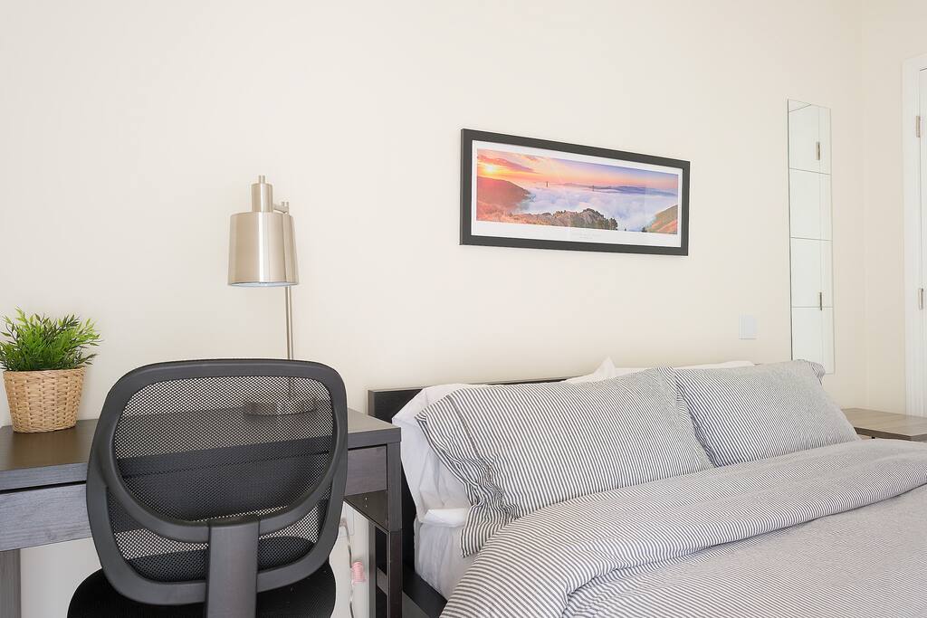 Soft linens and bedding, desk, closet