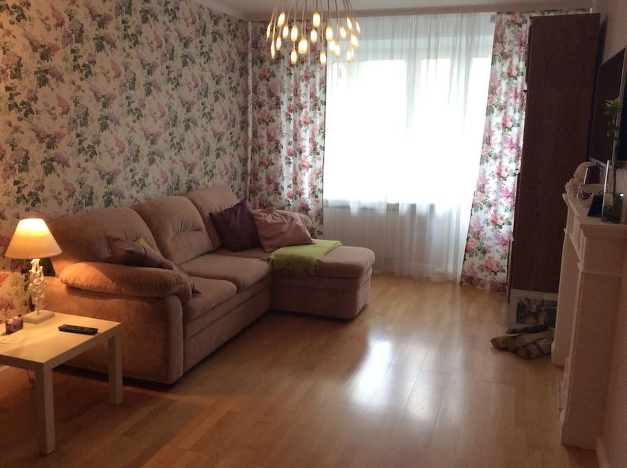 This is your room. Comfortable couch, fireplace and balcony.