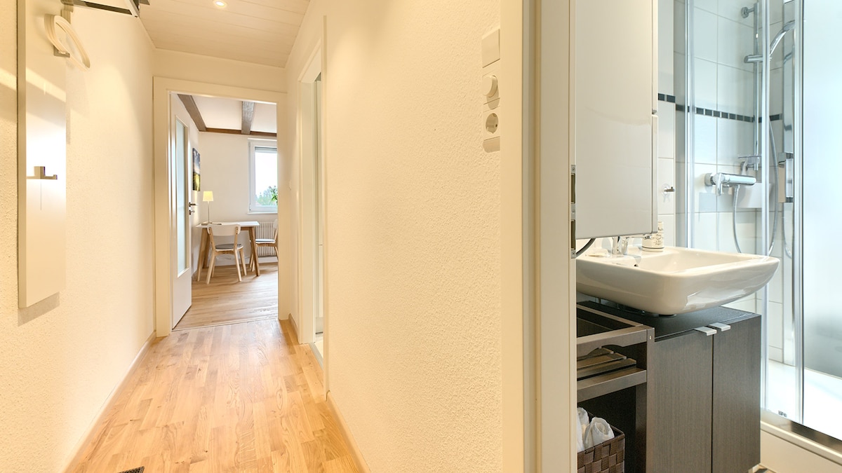 A well-lit hallway features warm wooden flooring leading toward an open space. A modern bathroom is visible on the right, showcasing a stylish sink and shower. Light walls enhance the spacious feel, while doors lead to the living area and kitchen at the end of the corridor.