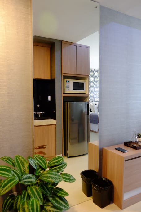 Microwave, Refrigerator and Kitchen Area