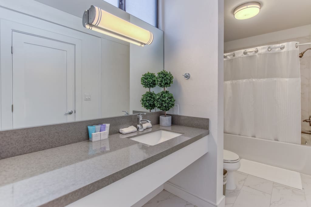 Modern designed bathroom with a large shower-tub. Vanity mirror and generous counter space for his and hers toiletry items.