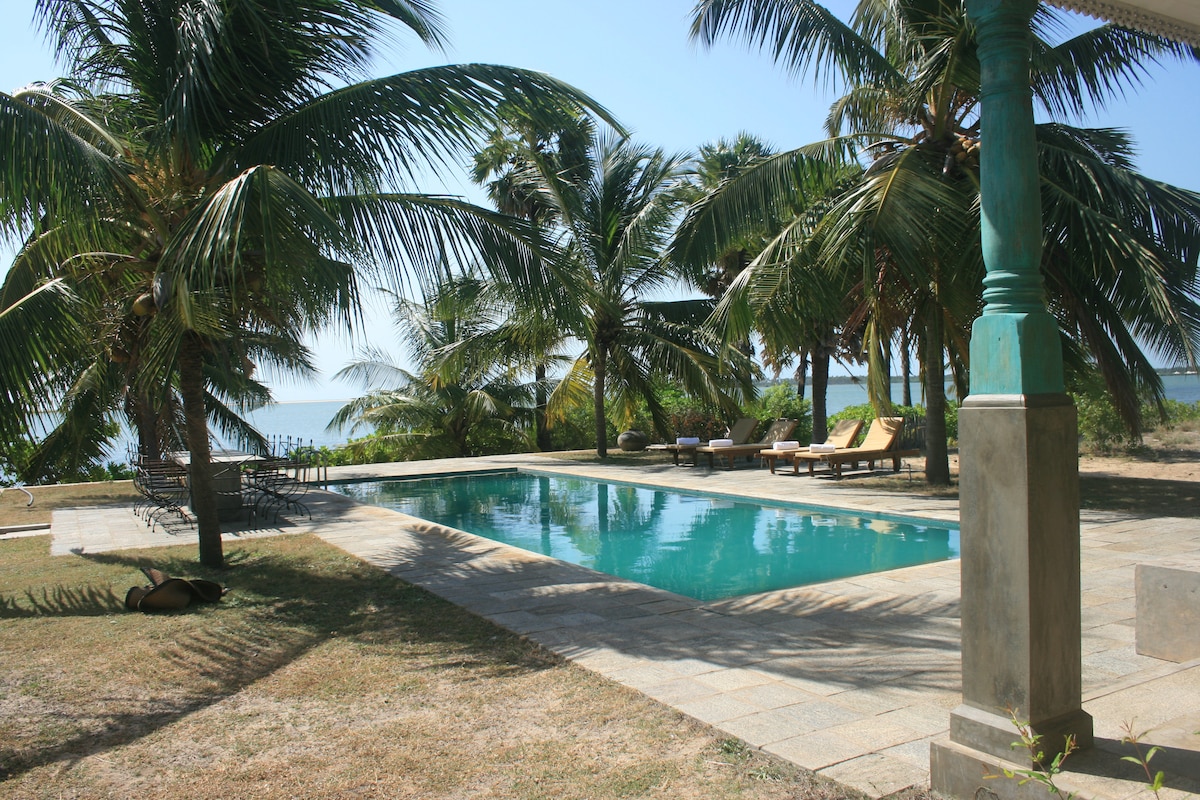 An outdoor infinity pool is surrounded by well-maintained grass and palm trees. Lounge chairs are positioned poolside, offering a relaxing view of the lagoon beyond. Sunlight reflects off the water, creating a serene atmosphere in the tranquil landscape.
