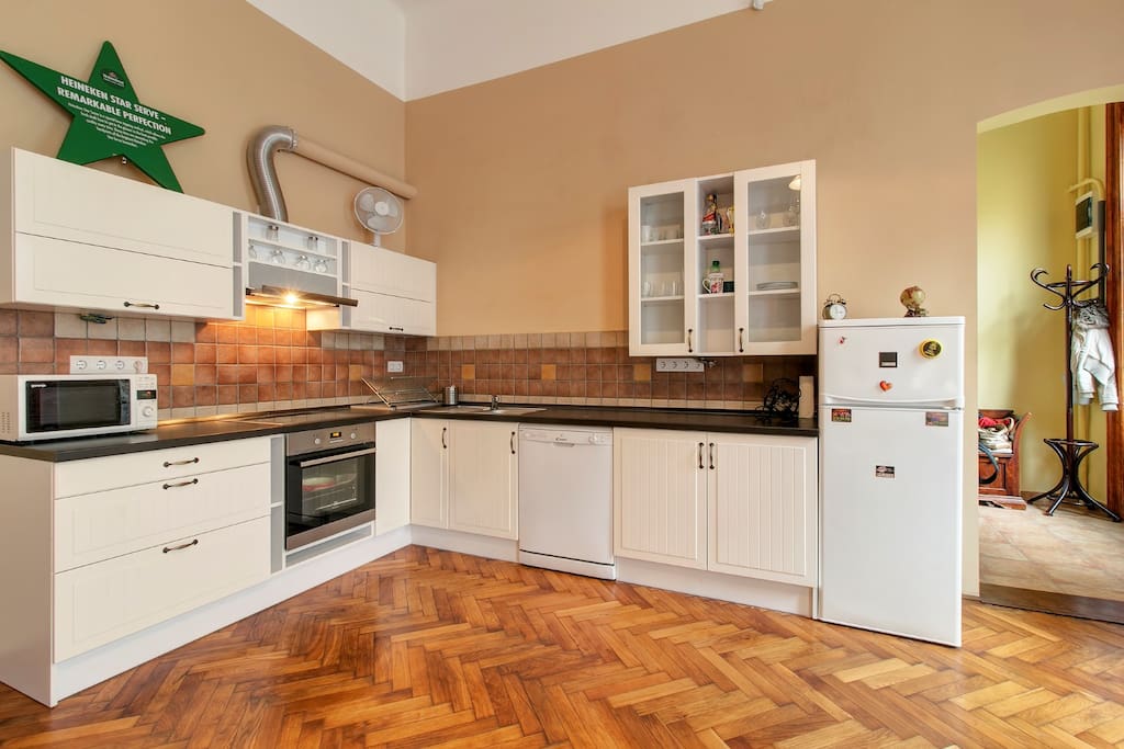 Kitchen: microwave, cooking top, oven, fridge, dishwasher, cutlery, utensils, basics for cooking