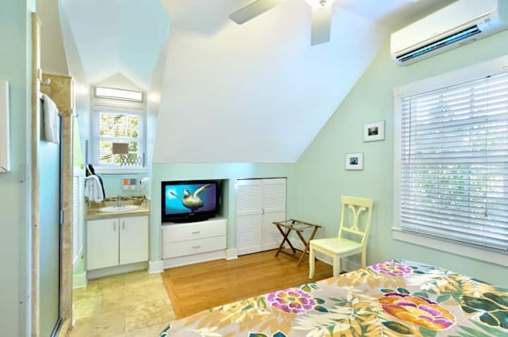 Upstairs green Q bedroom with closet (safe), 2 drawers under TV, vanity in window dormer, tiled flooring in front of the in-room shower and toilet behind swinging saloon style doors.  Smart TV, AC/heat.