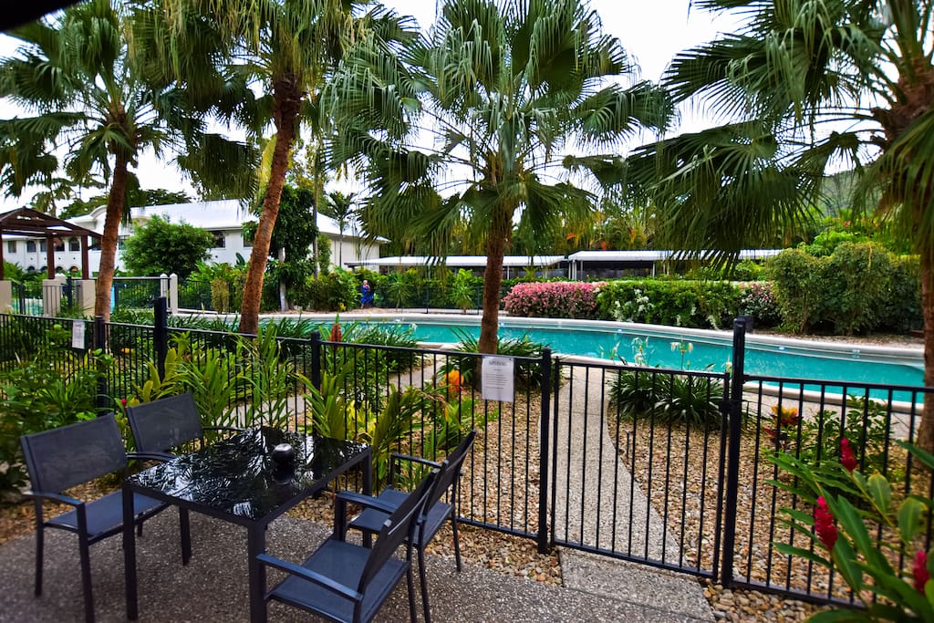 Outdoor courtyard seating with direct pool access