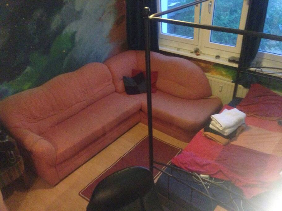 (2) Your cozy room with bed, big couch and, desk + desk chair for you to use