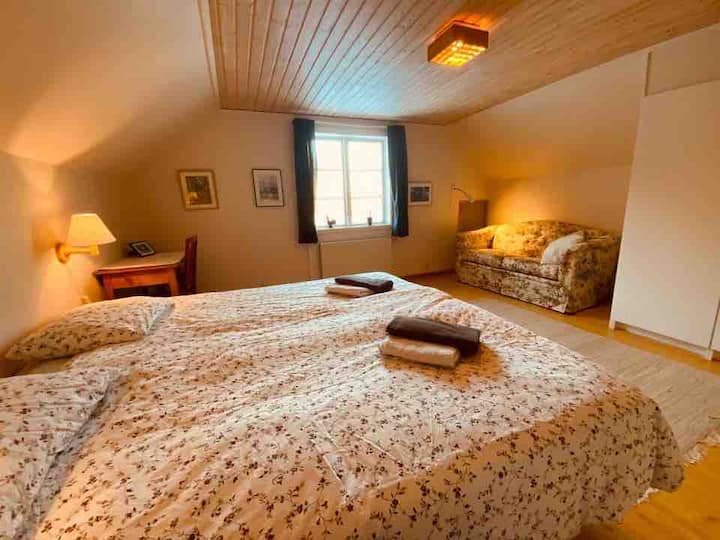 ห้องนอนคู่ขนาดใหญ่พร้อมโซฟาเลานจ์โต๊ะทำงานและตู้เสื้อผ้าที่ติดตั้งไว้ 