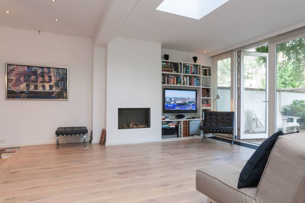 48" curved UHD TV and Fireplace