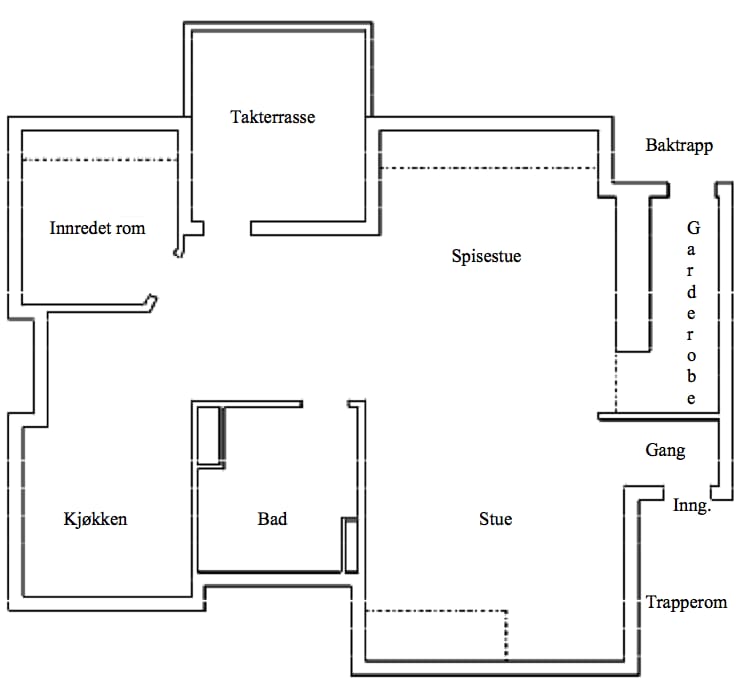 Floorplan.
On top of the bathroom ("bad") and going towards the balcony ("takterasse"), is the loft.