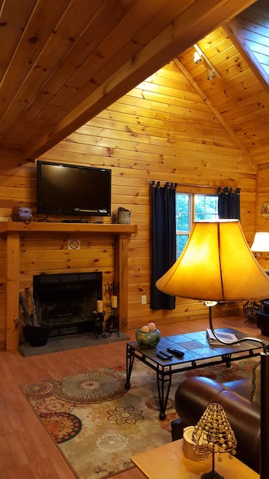 Wood Paneled Great Room with Wood Burning Fireplace