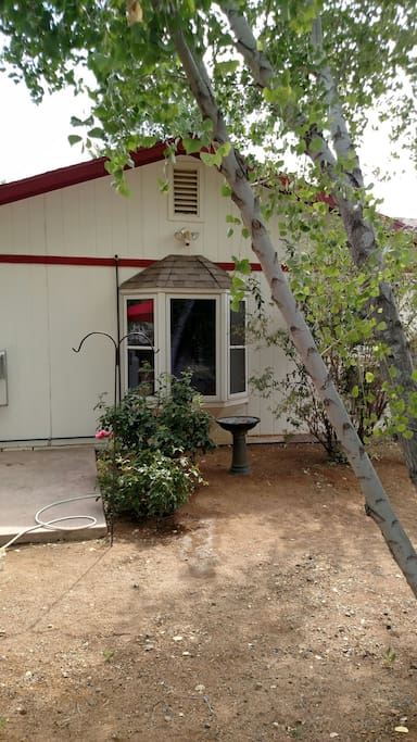 Bay window off patio.