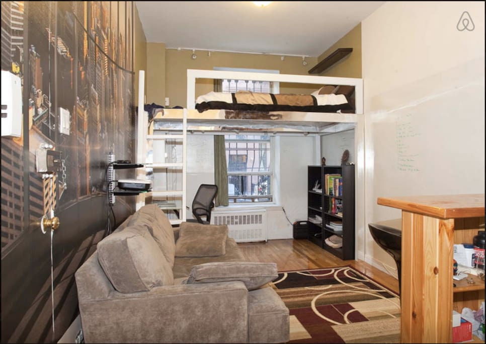 Your own loft bed. Perfect spacey interior. Note entire walls of Dry erase paint. Write on my wall! :)