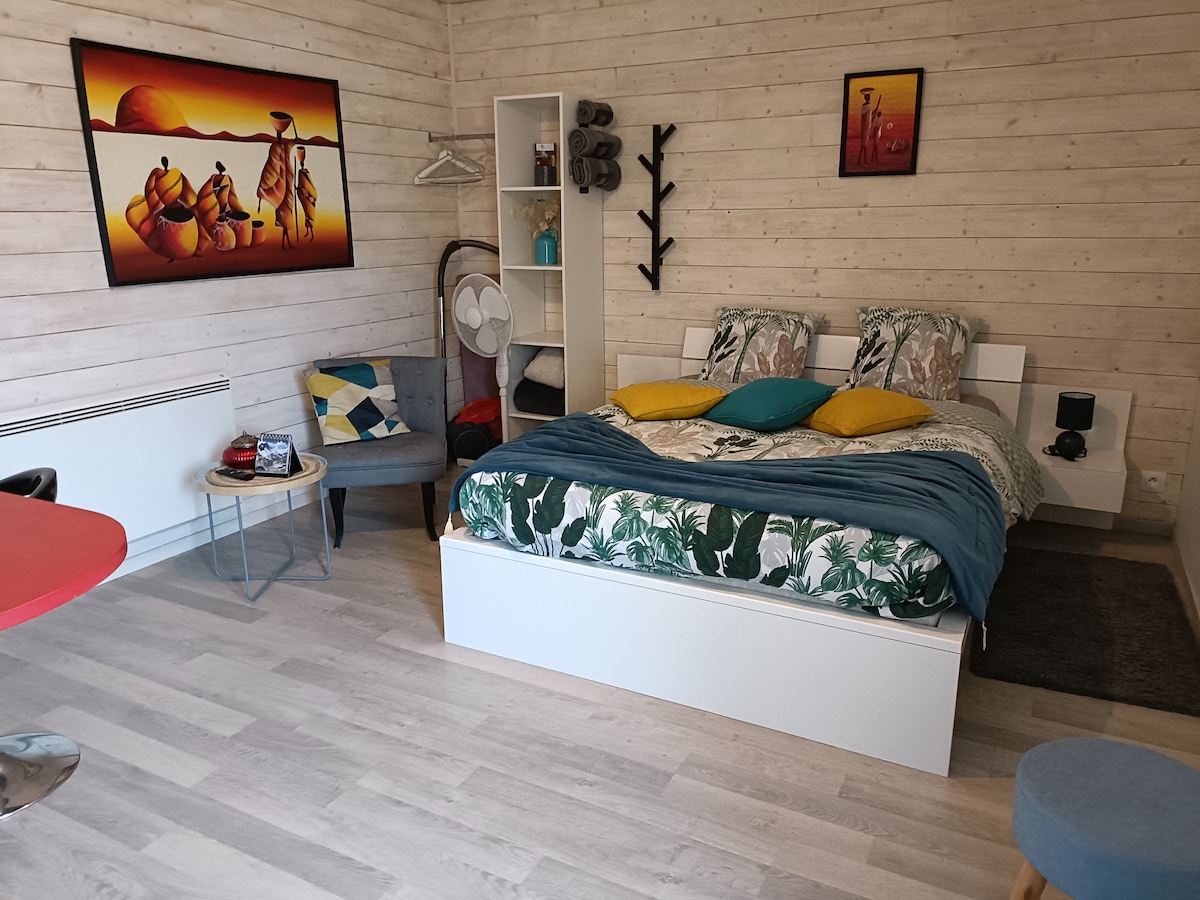 A bright studio is furnished with a spacious bed featuring tropical-patterned bedding. Colorful cushions enhance the bed's appeal. A small dining table and chair are visible, alongside a cozy armchair. Decorative wall art adds character to the room, complemented by light wooden paneling.