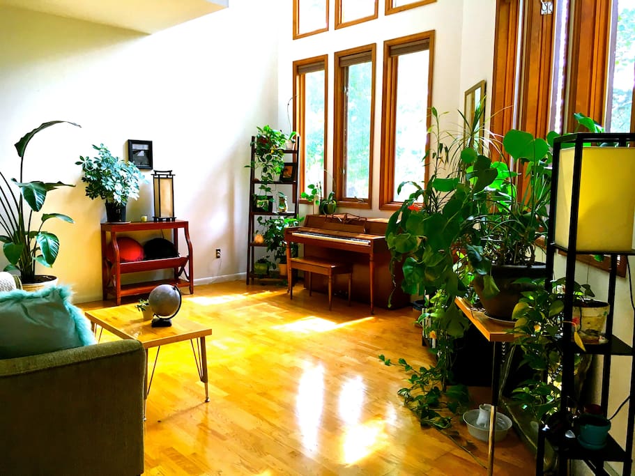 sky-high windows in living room # 2, plus a piano for you to play and meditation cushions to use. it is boulder, after all!