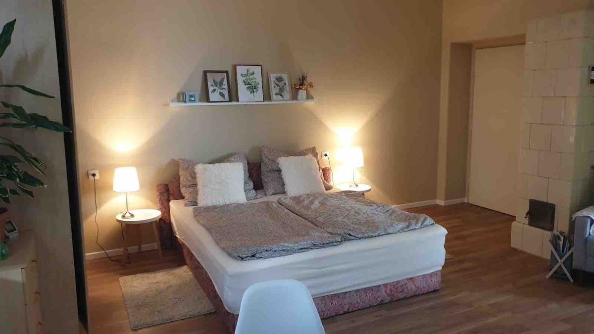 A spacious sleeping area features a large bed with soft bedding and pillows. Two bedside lamps provide gentle illumination. A shelf above the bed displays decorative items, while light-colored walls create a warm ambiance. Wooden flooring contributes to the inviting atmosphere.