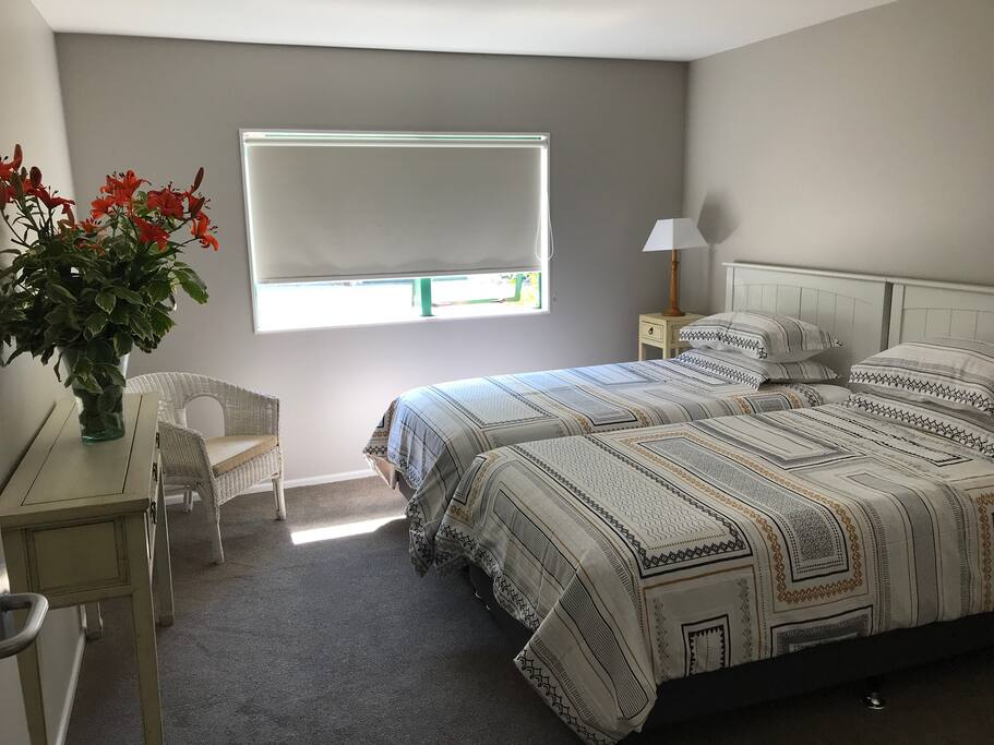 Two super king - extra width and length -beds. Electric blankets and oil filled radiator heater. Plush carpets. hair dryer in drawer.
