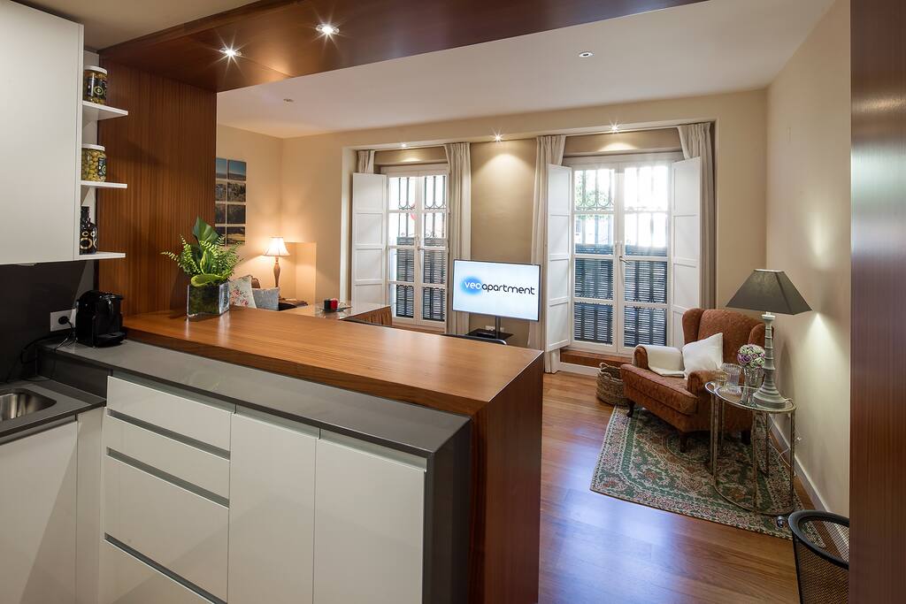 View from the apartment entrance door, with the kitchen to the left.