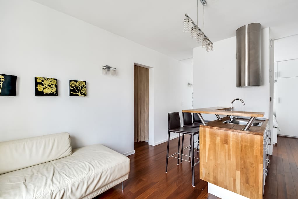 The living room is equipped with an open kitchen, a bar and a sofa corner