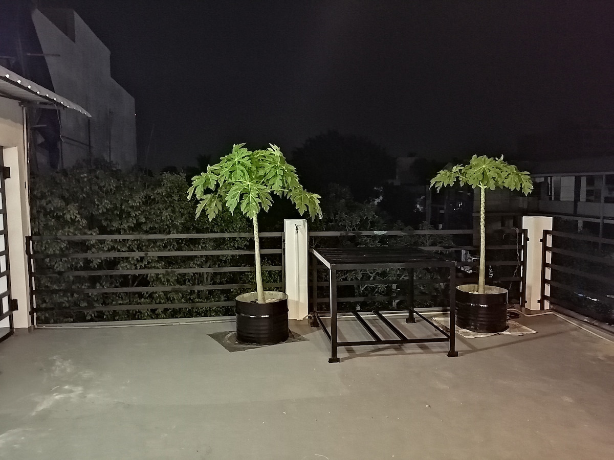 The terrace area is illuminated at night, featuring two potted trees on either side of a railing. A simple railing provides a boundary, while a metal structure is present, possibly for support. The background reveals a dark, green landscape.