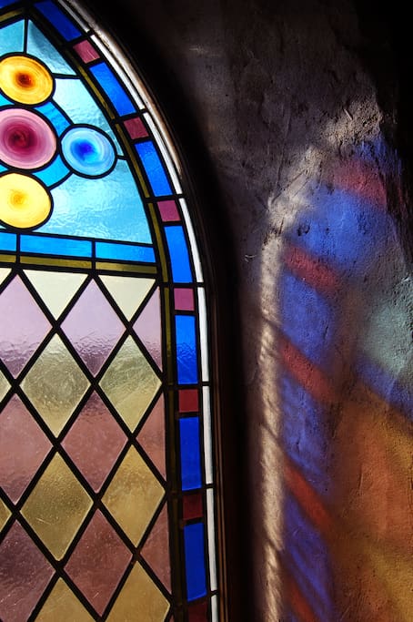 Stained Glass from the Original Loretto Inn of Santa Fe can be seen in the Round House